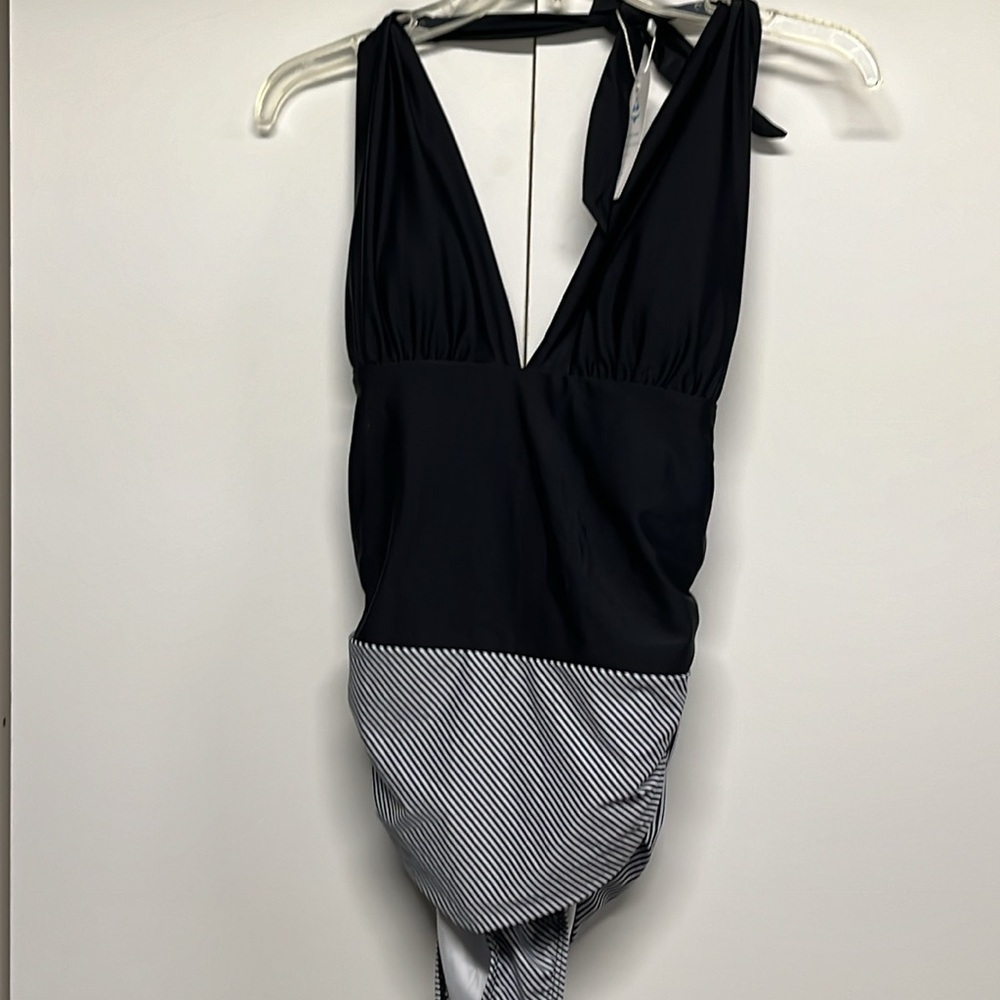 Beachsissi Black One Piece Swimsuit Plunge Halter Striped Bottom
